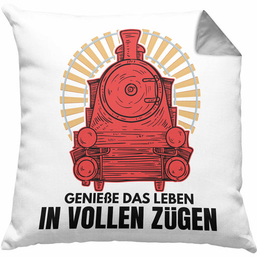 Geniße Das Leben in Vollen Zügen Lokführer Kissen mit Füllung 40x40 Geschenk Eisenbahner Spruch Lokomotive Geschenkidee Eisenbahn (Grau) Grau Trendation
