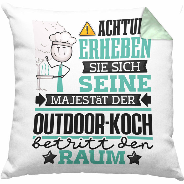 Outdoor-Koch Geschenk Kissen mit Füllung 40x40 Lustiger Spruch Erheben Sie Sich Der Outdoor-Koch Betritt den Raum (Grau) Grün Trendation