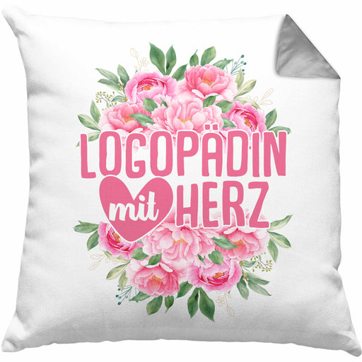 Logopädin Mit Herz Kissen mit Füllung 40x40 Geschenk Logopädie Logopäde (Grau) Grau Trendation