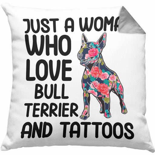 Bullterrier Besitzerin Geschenk Kissen mit Füllung 40x40 Bullterrier Tattoo Frauen Geschenk Just A Woman Who Loves Bull Terrier and Tattoos (Grau) Grau Trendation