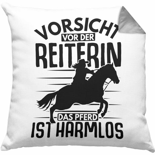 Lustige Reiter Sprüche Geschenk Kissen mit Füllung 40x40 Reiterin Pferde Mädchen Geschenkidee Vorsicht Vor Der Reiterin (Grau) Grau Trendation