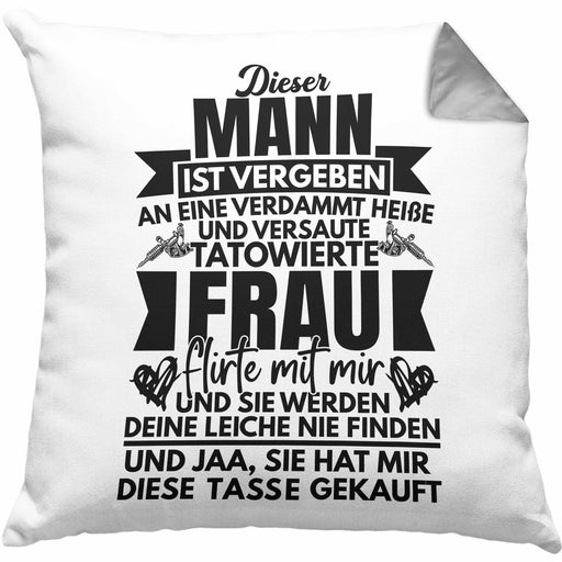Dieser Mann Ist Vergeben Tatowierte Frau Kissen mit Füllung 40x40 Geschenk Für Freund Mann Lustiger Spruch Valentinstag (Grau) Grau Trendation