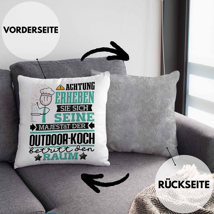 Outdoor-Koch Geschenk Kissen mit Füllung 40x40 Lustiger Spruch Erheben Sie Sich Der Outdoor-Koch Betritt den Raum (Grau) Grau Trendation