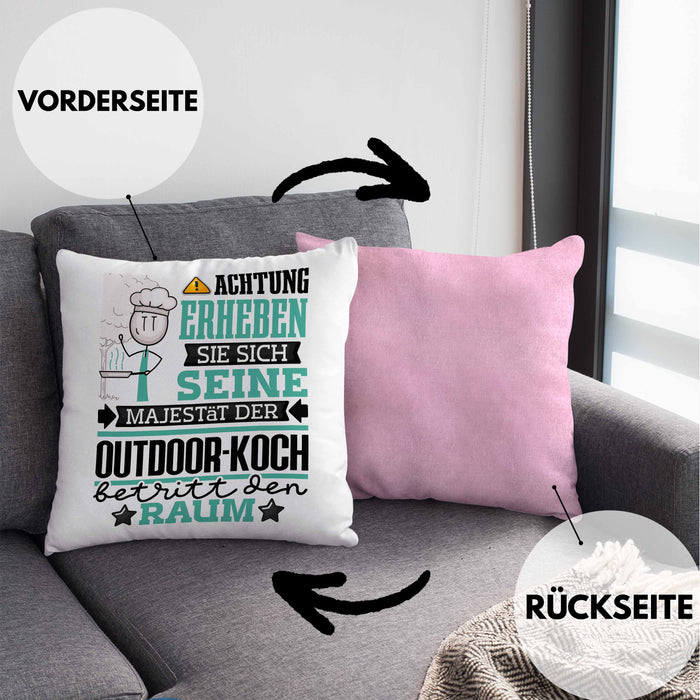 Outdoor-Koch Geschenk Kissen mit Füllung 40x40 Lustiger Spruch Erheben Sie Sich Der Outdoor-Koch Betritt den Raum (Grau) Rosa Trendation