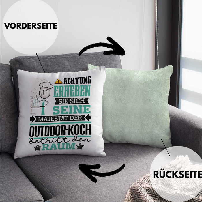 Outdoor-Koch Geschenk Kissen mit Füllung 40x40 Lustiger Spruch Erheben Sie Sich Der Outdoor-Koch Betritt den Raum (Grau) Grün Trendation