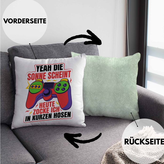 Lustige Gamer Kissen mit Füllung 40x40 Zocker Geschenk Gamer Gamergirl Geschenkidee Geburtstag Yeah Die Sonne Scheint (Grau) Grün Trendation