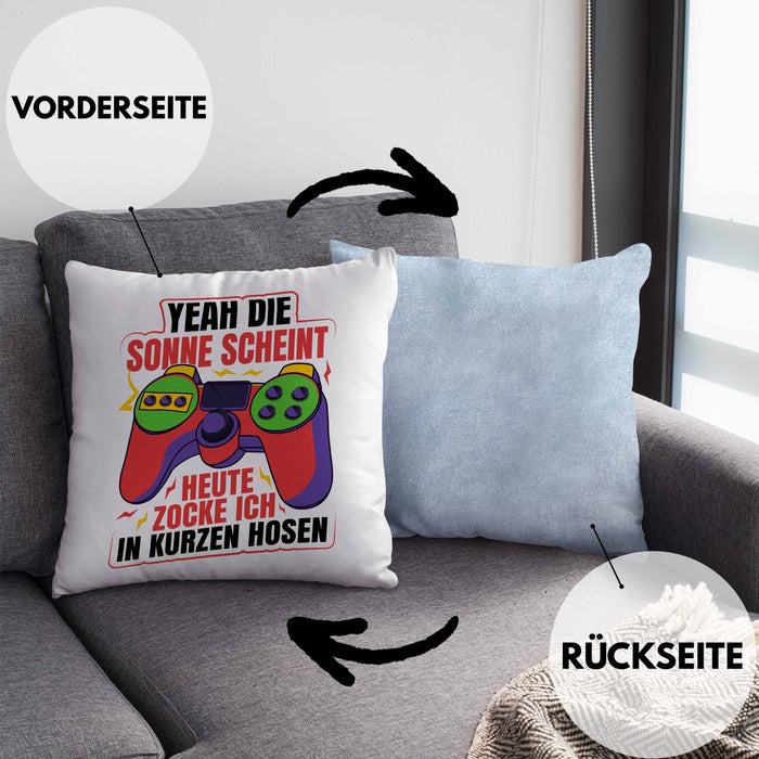 Lustige Gamer Kissen mit Füllung 40x40 Zocker Geschenk Gamer Gamergirl Geschenkidee Geburtstag Yeah Die Sonne Scheint (Grau) Blau Trendation