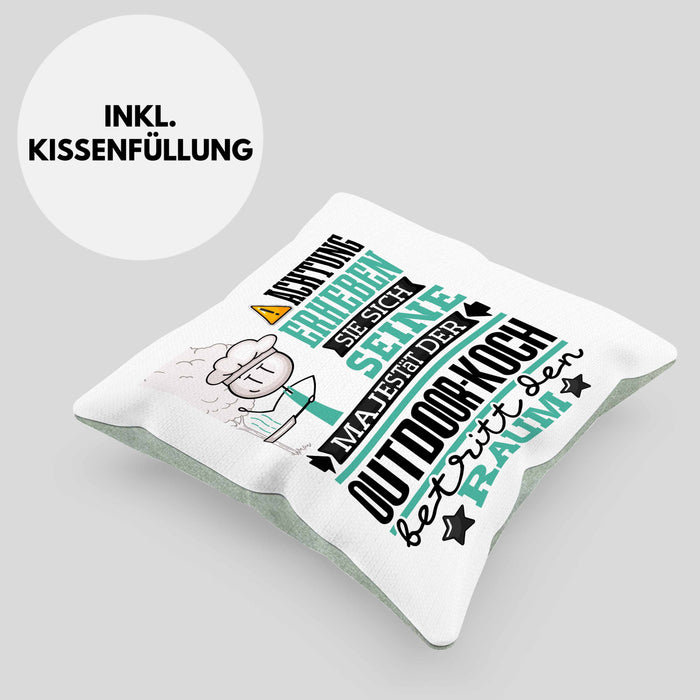 Outdoor-Koch Geschenk Kissen mit Füllung 40x40 Lustiger Spruch Erheben Sie Sich Der Outdoor-Koch Betritt den Raum (Grau) Grün Trendation