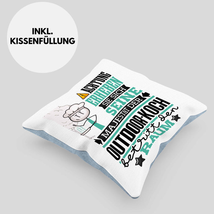 Outdoor-Koch Geschenk Kissen mit Füllung 40x40 Lustiger Spruch Erheben Sie Sich Der Outdoor-Koch Betritt den Raum (Grau) Blau Trendation