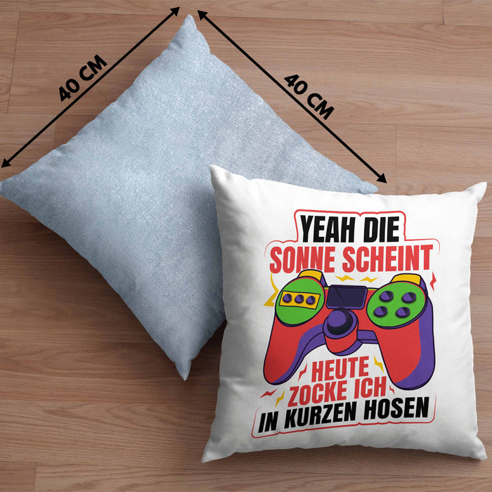 Lustige Gamer Kissen mit Füllung 40x40 Zocker Geschenk Gamer Gamergirl Geschenkidee Geburtstag Yeah Die Sonne Scheint (Grau) Blau Trendation