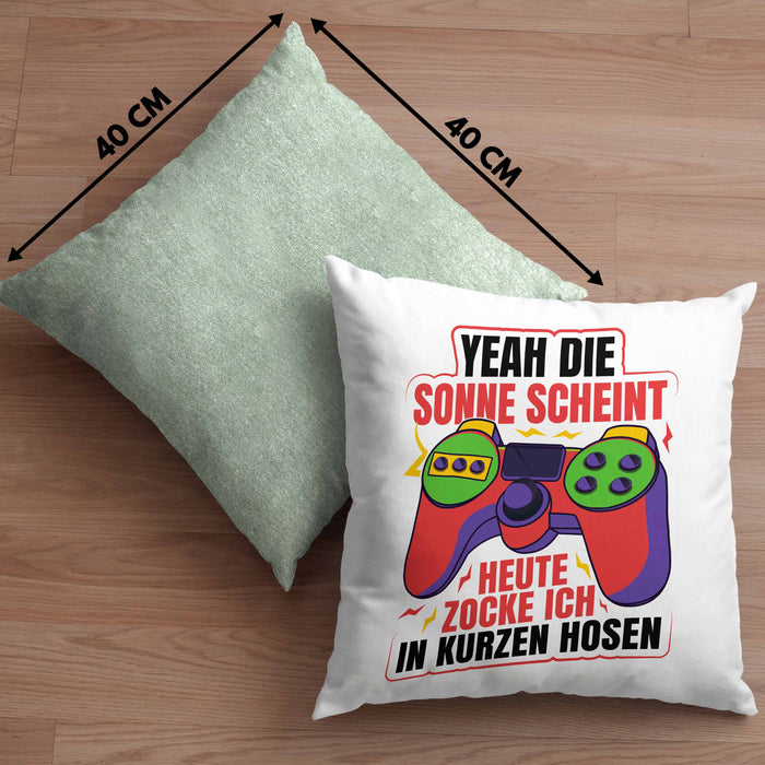 Lustige Gamer Kissen mit Füllung 40x40 Zocker Geschenk Gamer Gamergirl Geschenkidee Geburtstag Yeah Die Sonne Scheint (Grau) Grün Trendation