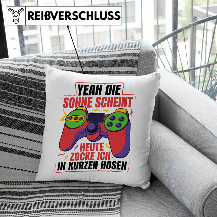 Lustige Gamer Kissen mit Füllung 40x40 Zocker Geschenk Gamer Gamergirl Geschenkidee Geburtstag Yeah Die Sonne Scheint (Grau) Blau Trendation