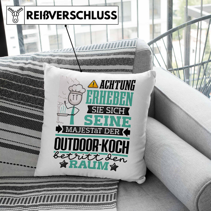Outdoor-Koch Geschenk Kissen mit Füllung 40x40 Lustiger Spruch Erheben Sie Sich Der Outdoor-Koch Betritt den Raum (Grau) Grün Trendation