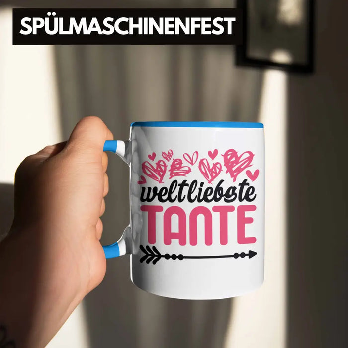 Beste Tante der Welt Geschenk Tasse mit Spruch Kaffeetasse für Weltliebste Tante Blau Trendation