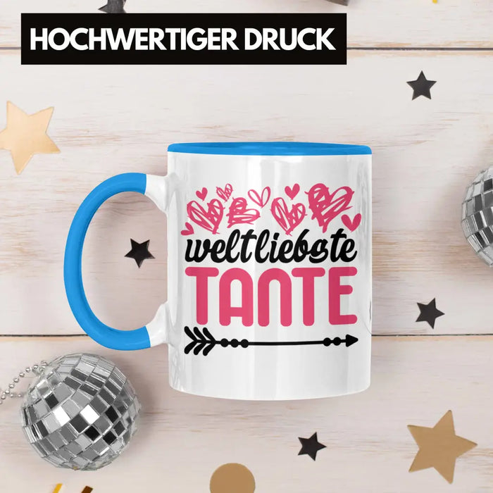Beste Tante der Welt Geschenk Tasse mit Spruch Kaffeetasse für Weltliebste Tante Blau Trendation