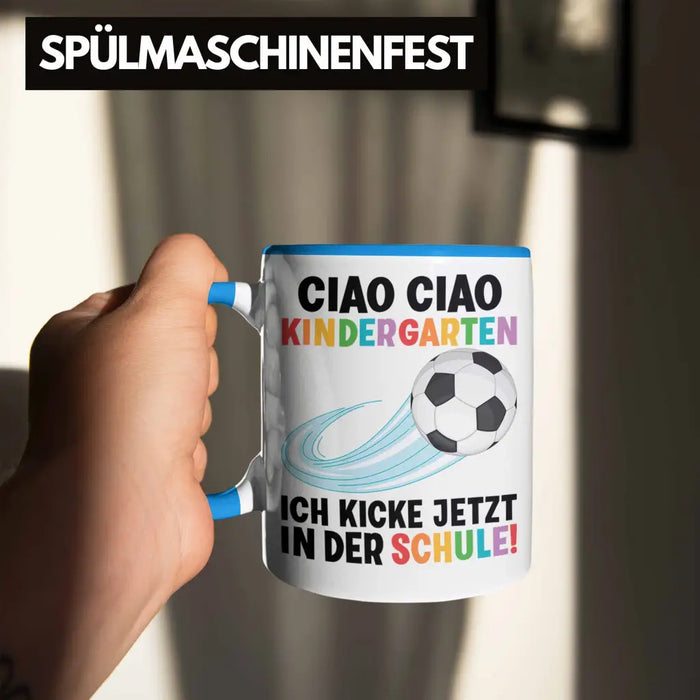 Einschulung Junge Fußball Schulkind Geschenk für Schultüte Füllung Tasse Schulstart 1. Schultag Schuleinführung Schulanfang Geschenkidee 2022 Blau Trendation