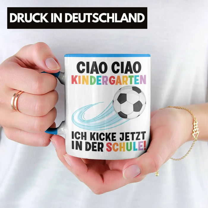 Einschulung Junge Fußball Schulkind Geschenk für Schultüte Füllung Tasse Schulstart 1. Schultag Schuleinführung Schulanfang Geschenkidee 2022 Blau Trendation