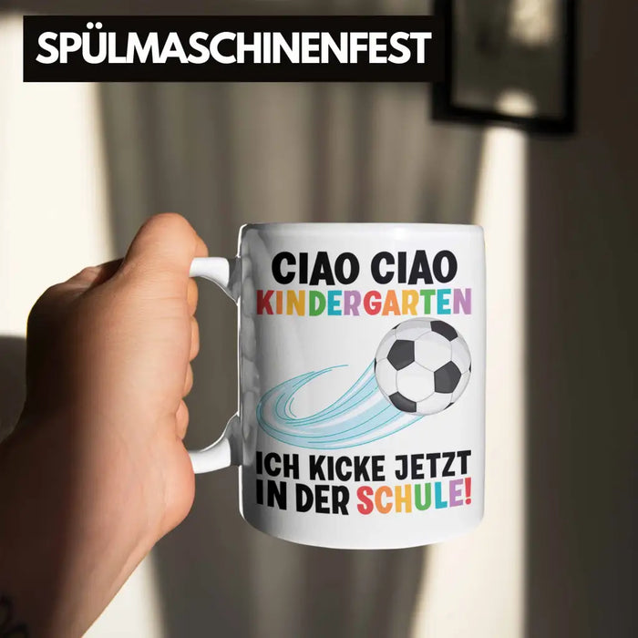 Einschulung Junge Fußball Schulkind Geschenk für Schultüte Füllung Tasse Schulstart 1. Schultag Schuleinführung Schulanfang Geschenkidee 2022 Weiß Trendation