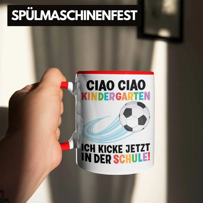 Einschulung Junge Fußball Schulkind Geschenk für Schultüte Füllung Tasse Schulstart 1. Schultag Schuleinführung Schulanfang Geschenkidee 2022 Rot Trendation
