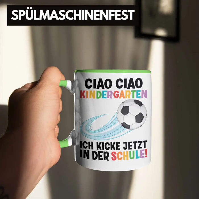 Einschulung Junge Fußball Schulkind Geschenk für Schultüte Füllung Tasse Schulstart 1. Schultag Schuleinführung Schulanfang Geschenkidee 2022 Grün Trendation