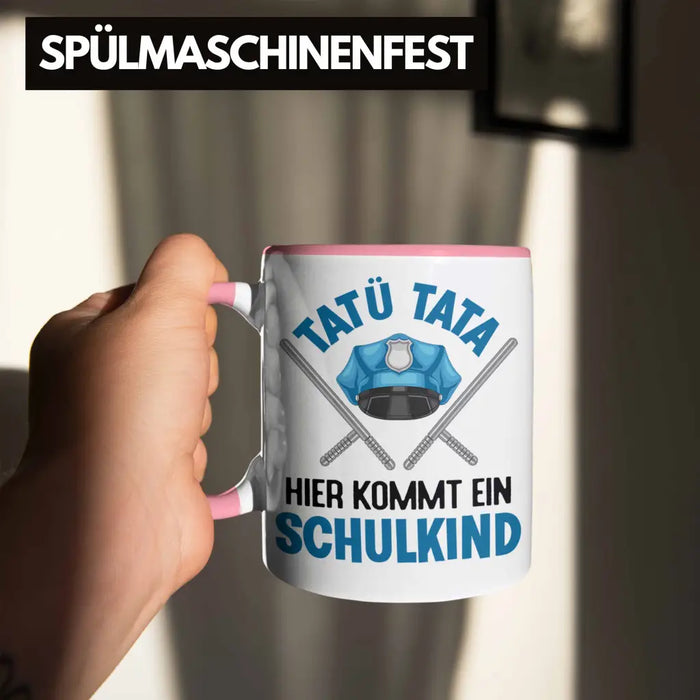 Einschulung Junge Tatü Tata Schulkind Geschenk für Schultüte Füllung Tasse Schulstart 1. Schultag Schuleinführung Schulanfang Geschenkidee 2022 Rosa Trendation