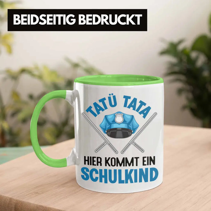 Einschulung Junge Tatü Tata Schulkind Geschenk für Schultüte Füllung Tasse Schulstart 1. Schultag Schuleinführung Schulanfang Geschenkidee 2022 Grün Trendation