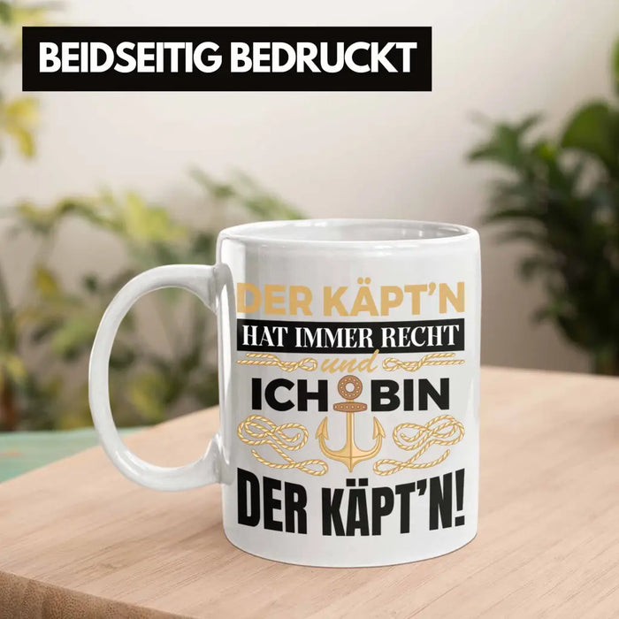 Kapitän Tasse Geschenk Käptn Lustiger Spruch Bootsfahrer Sportboot Herren Segler Segeln Motoboot Weiß Trendation