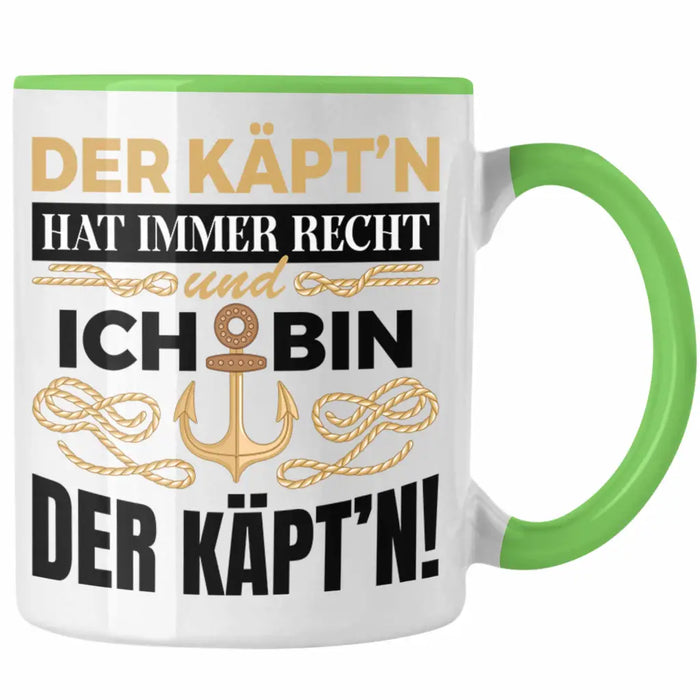 Kapitän Tasse Geschenk Käptn Lustiger Spruch Bootsfahrer Sportboot Herren Segler Segeln Motoboot Grün Trendation