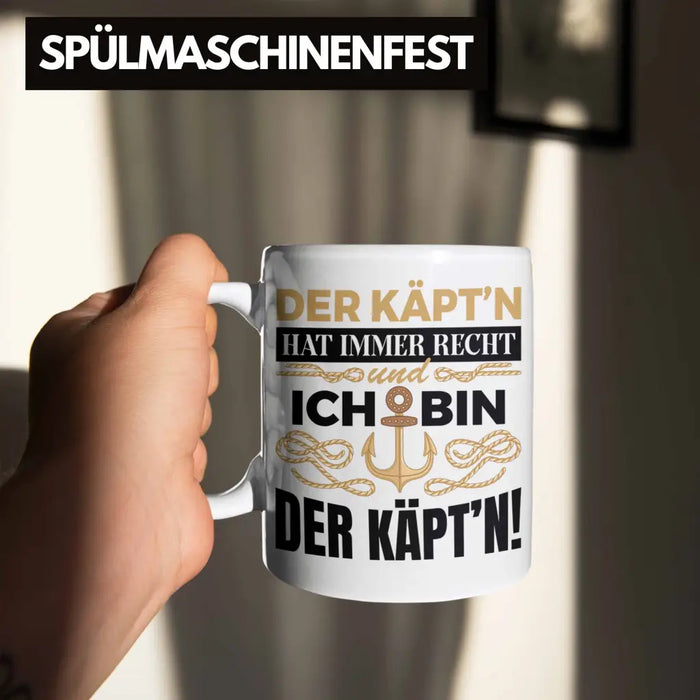 Kapitän Tasse Geschenk Käptn Lustiger Spruch Bootsfahrer Sportboot Herren Segler Segeln Motoboot Weiß Trendation
