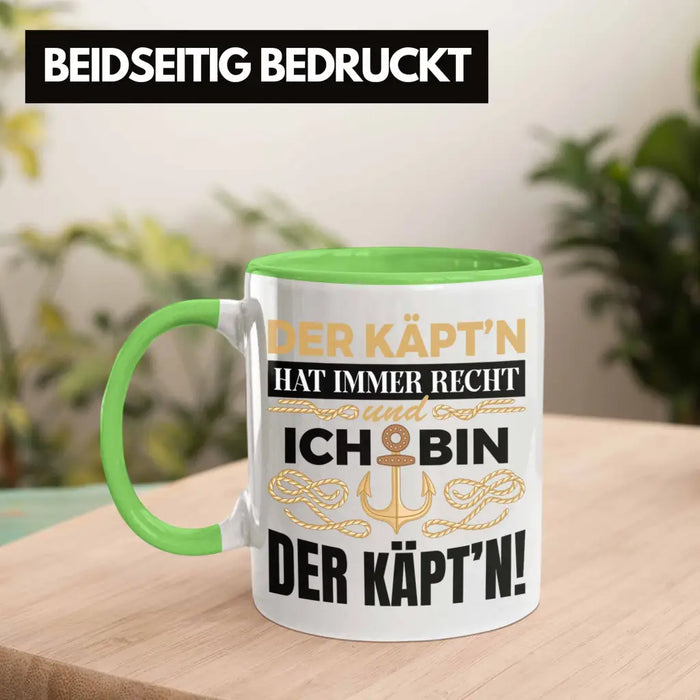 Kapitän Tasse Geschenk Käptn Lustiger Spruch Bootsfahrer Sportboot Herren Segler Segeln Motoboot Grün Trendation