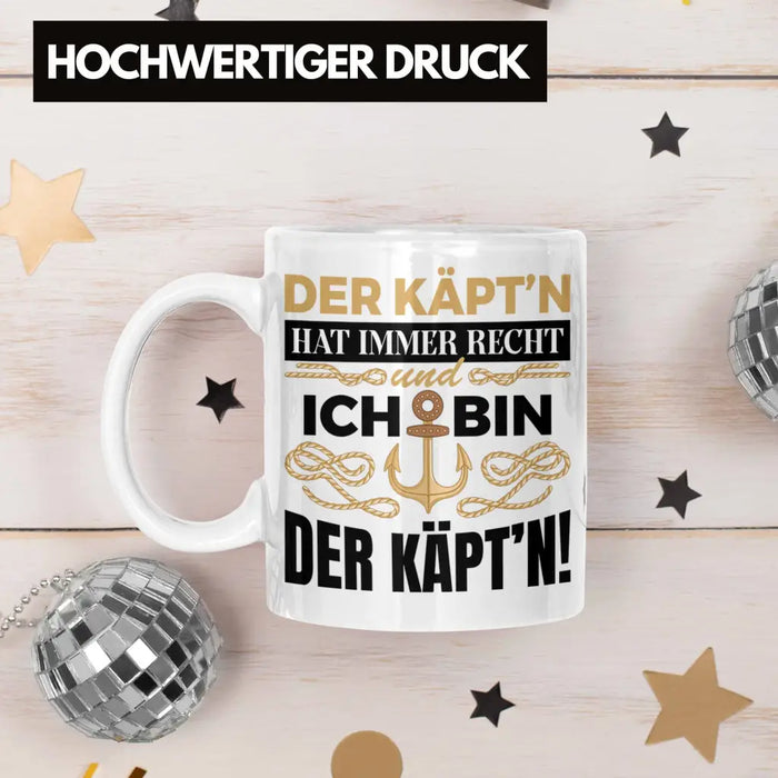 Kapitän Tasse Geschenk Käptn Lustiger Spruch Bootsfahrer Sportboot Herren Segler Segeln Motoboot Weiß Trendation