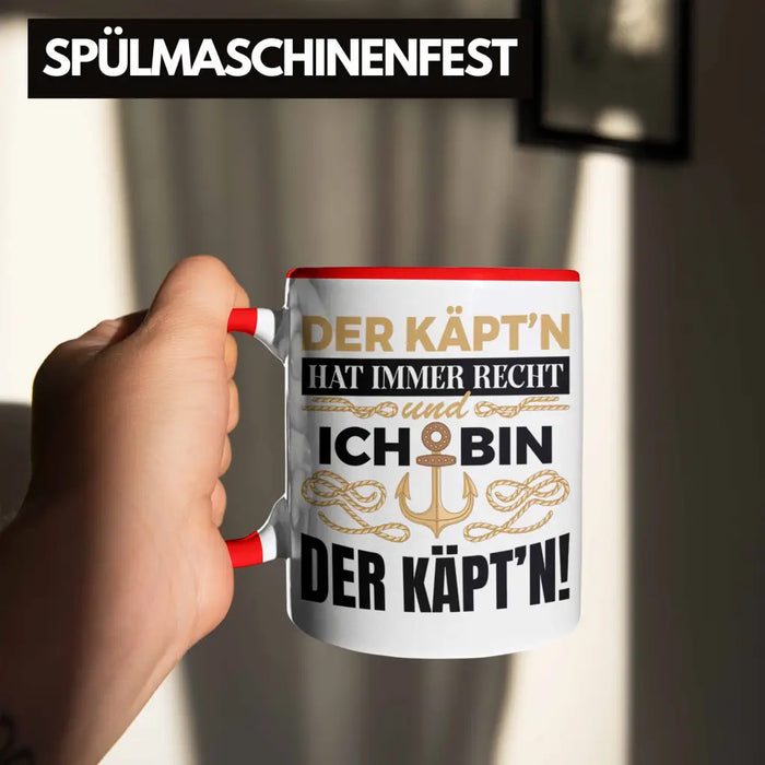 Kapitän Tasse Geschenk Käptn Lustiger Spruch Bootsfahrer Sportboot Herren Segler Segeln Motoboot Rot Trendation