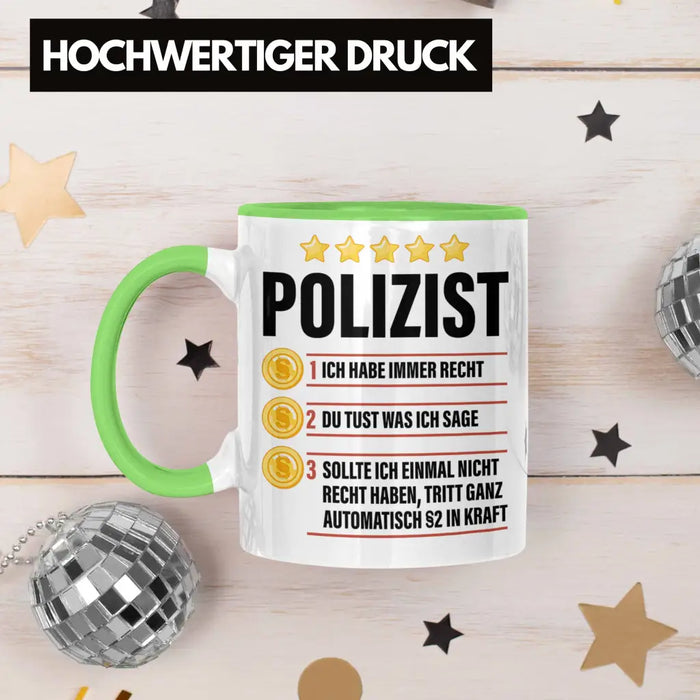 Polizist Geschenk Tasse mit Spruch Geschenke Polizei Männer Lustig Grün Trendation