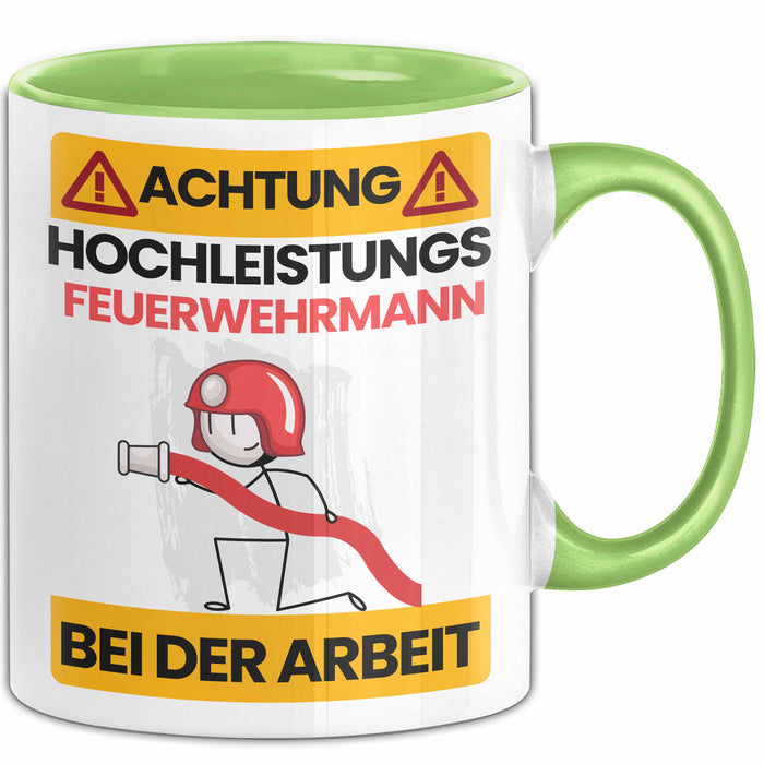 Feuerwehrmann Tasse Geschenk Lustiger Spruch Geschenkidee für Feuerwehrmann Achtung Hochleistungs Feuerwehrmann Bei Der Arbeit Grün Trendation