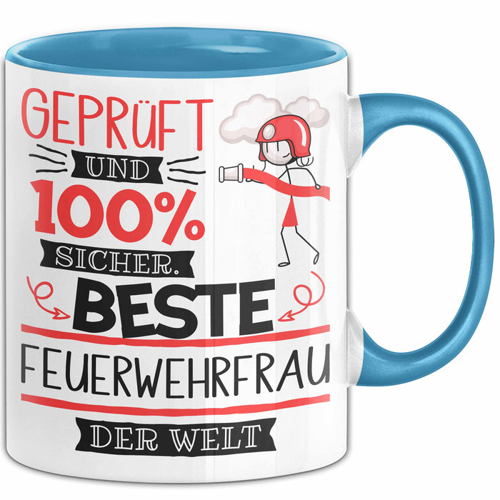 Beste Feuerwehrfrau Der Welt Tasse Geschenk für Eine Feuerwehrfrau Geprüft Und Sicher Geschenkidee Geburtstag Weihnachten Blau Trendation