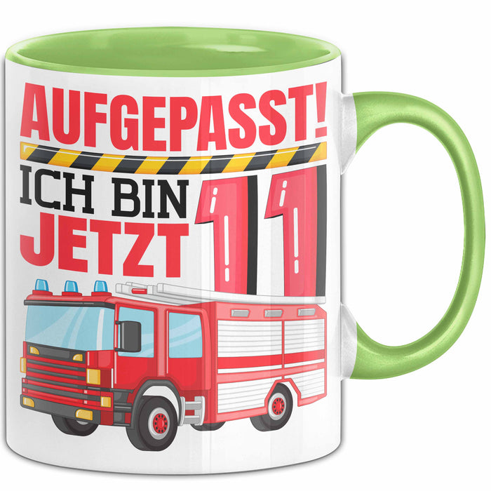 11. Geburtstag Geschenk Tasse Becher Jungs Feuerwehr Aufgepasst Ich Bin Jetzt 11 Grün Trendation