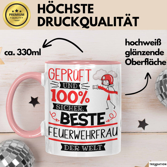 Beste Feuerwehrfrau Der Welt Tasse Geschenk für Eine Feuerwehrfrau Geprüft Und Sicher Geschenkidee Geburtstag Weihnachten Rosa Trendation