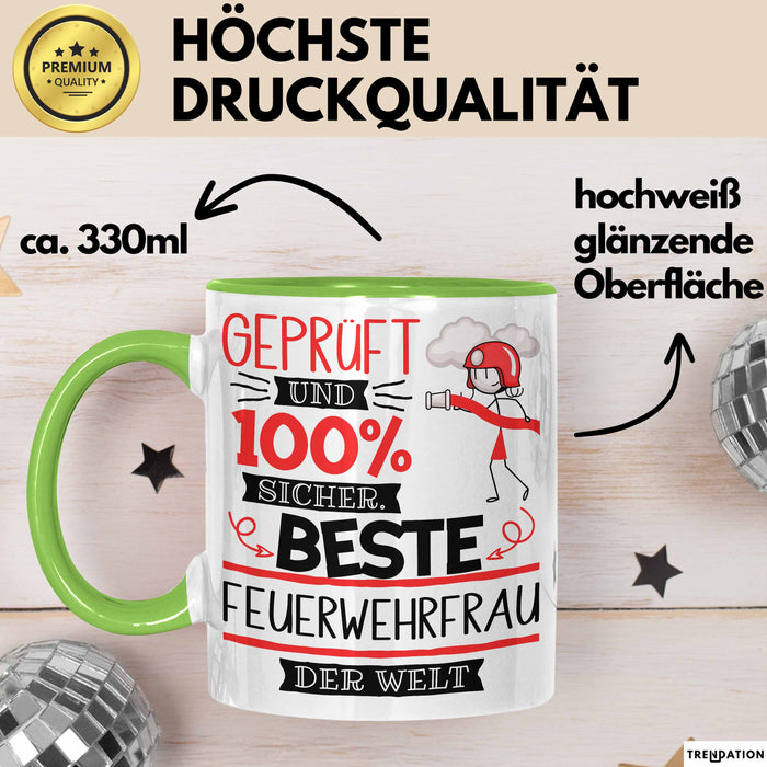 Beste Feuerwehrfrau Der Welt Tasse Geschenk für Eine Feuerwehrfrau Geprüft Und Sicher Geschenkidee Geburtstag Weihnachten Grün Trendation
