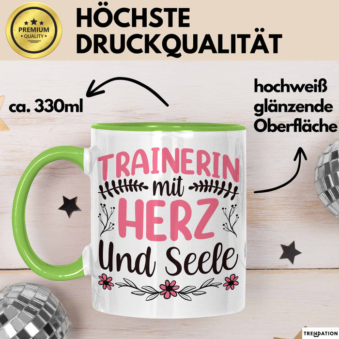 Trainerin Tasse Geschenk Für Beste Trainerin Mit Herz Und Selle Eishockey Fußball Basketball Kaffee-Becher Grün Trendation