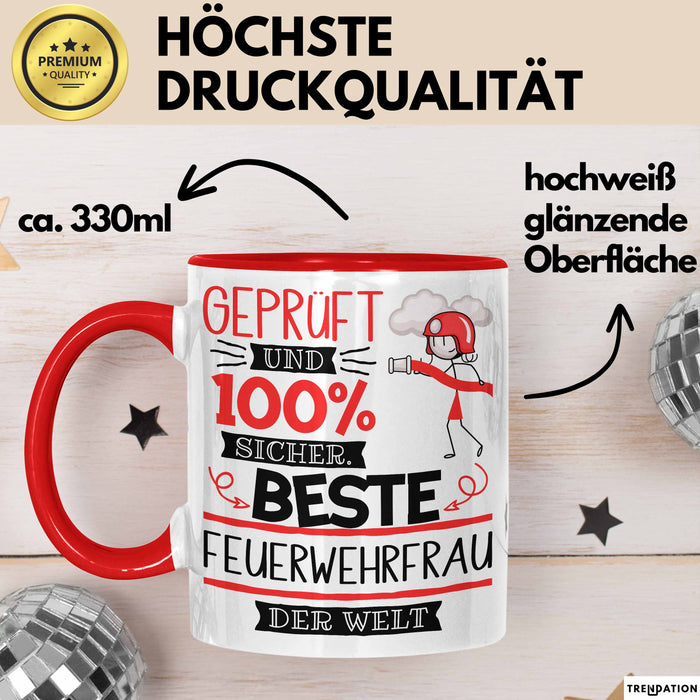 Beste Feuerwehrfrau Der Welt Tasse Geschenk für Eine Feuerwehrfrau Geprüft Und Sicher Geschenkidee Geburtstag Weihnachten Rot Trendation