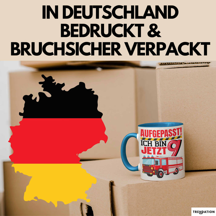 9. Geburtstag Geschenk Tasse Becher Jungs Feuerwehr Aufgepasst Ich Bin Jetzt 9 Blau Trendation