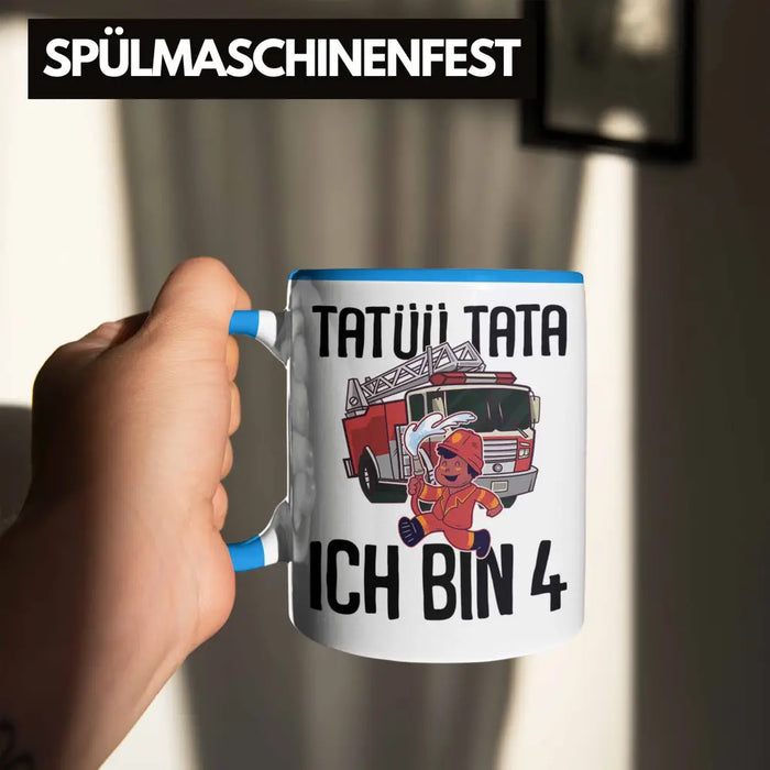 Trendation - 4. Geburtstag Geschenk Jungs Feuerwehr Tasse Geschenke Zubehör Lustig Kinder Geburtstag Spruch Ich Bin 4 Blau Trendation