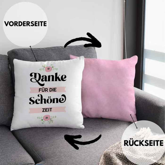 Trendation - Danke für Die Schöne Zeit Kissen Geschenk Abschied Kollege Lehrerin Kollegin Freundin Abschiedsgeschenk Dekokissen mit Füllung 40x40 Rosa Trendation