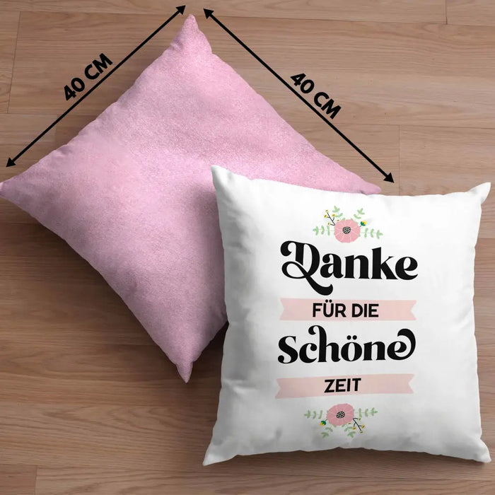 Trendation - Danke für Die Schöne Zeit Kissen Geschenk Abschied Kollege Lehrerin Kollegin Freundin Abschiedsgeschenk Dekokissen mit Füllung 40x40 Rosa Trendation