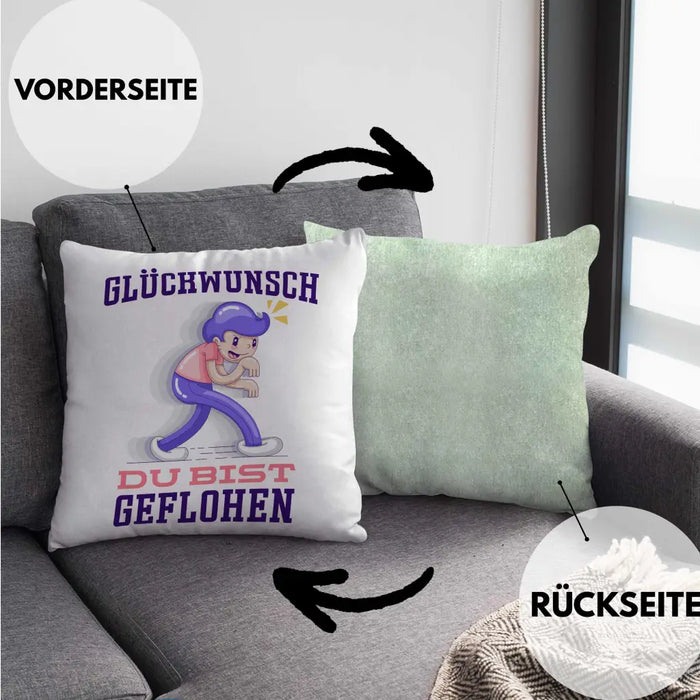 Trendation - Glückwunsch Du Bist Geflohen Kissen Jobwechsel Abschied Abschiedsgeschenk Lustiger Spruch Dekokissen mit Füllung 40x40 Rosa Trendation