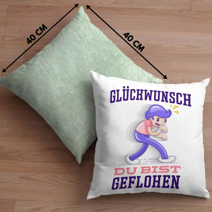 Trendation - Glückwunsch Du Bist Geflohen Kissen Jobwechsel Abschied Abschiedsgeschenk Lustiger Spruch Dekokissen mit Füllung 40x40 Rosa Trendation