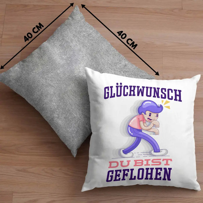 Trendation - Glückwunsch Du Bist Geflohen Kissen Jobwechsel Abschied Abschiedsgeschenk Lustiger Spruch Dekokissen mit Füllung 40x40 Rosa Trendation