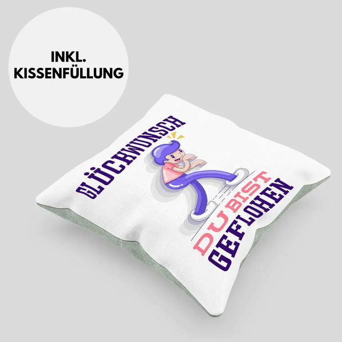 Trendation - Glückwunsch Du Bist Geflohen Kissen Jobwechsel Abschied Abschiedsgeschenk Lustiger Spruch Dekokissen mit Füllung 40x40 Rosa Trendation