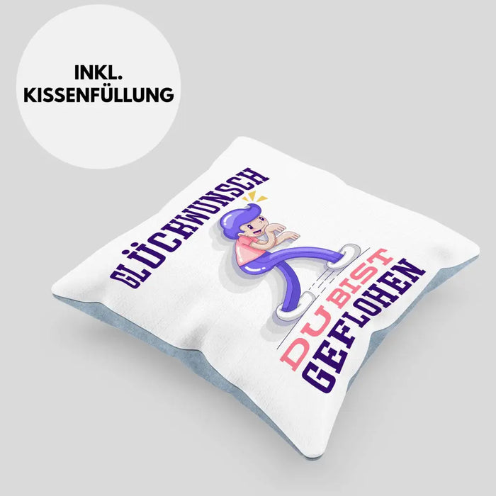 Trendation - Glückwunsch Du Bist Geflohen Kissen Jobwechsel Abschied Abschiedsgeschenk Lustiger Spruch Dekokissen mit Füllung 40x40 Rosa Trendation
