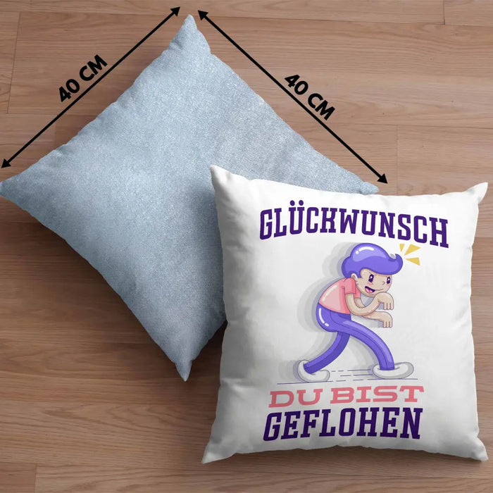 Trendation - Glückwunsch Du Bist Geflohen Kissen Jobwechsel Abschied Abschiedsgeschenk Lustiger Spruch Dekokissen mit Füllung 40x40 Rosa Trendation